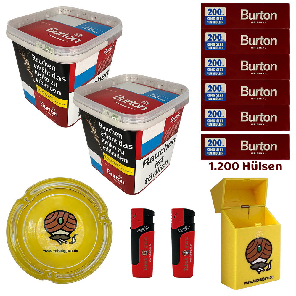 2x Burton Red Volumentabak / Zigarettentabak MEGA Box à 250g, Hülsen, Glasascher, Sturmfeuerzeuge, Box