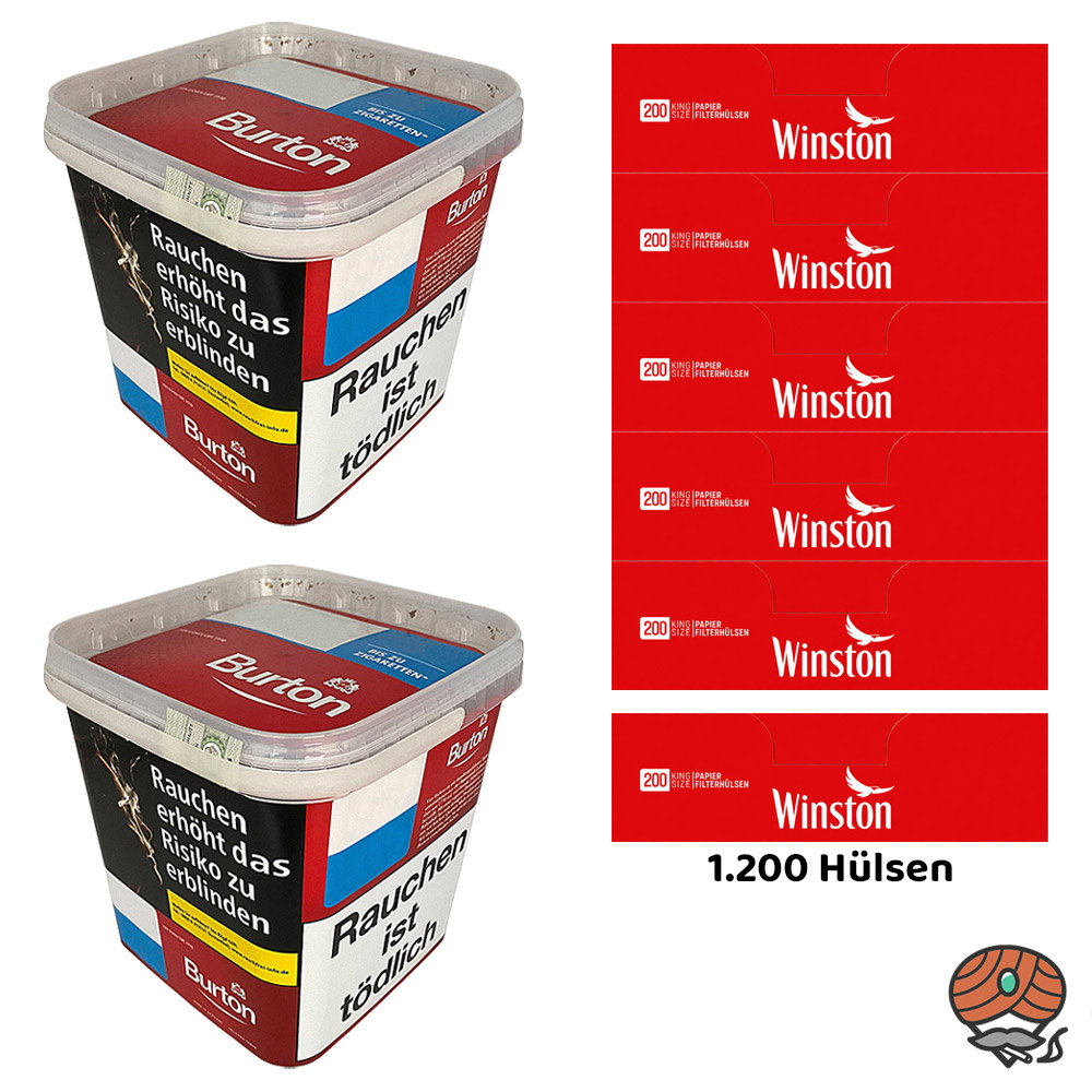 2x Burton Red Volumentabak / Zigarettentabak MEGA Box à 250g, 1200 Winston Hülsen