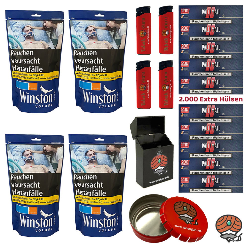 4x Winston Blue/Blau Volumentabak Beutel à 95g, Pall Mall Xtra Hülsen, Taschenaschenbecher