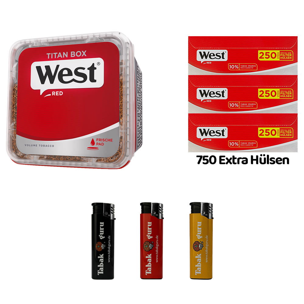 WEST Red/Rot Volumentabak Titan Box à 265g, 750 Red Extra Hülsen, Feuerzeuge