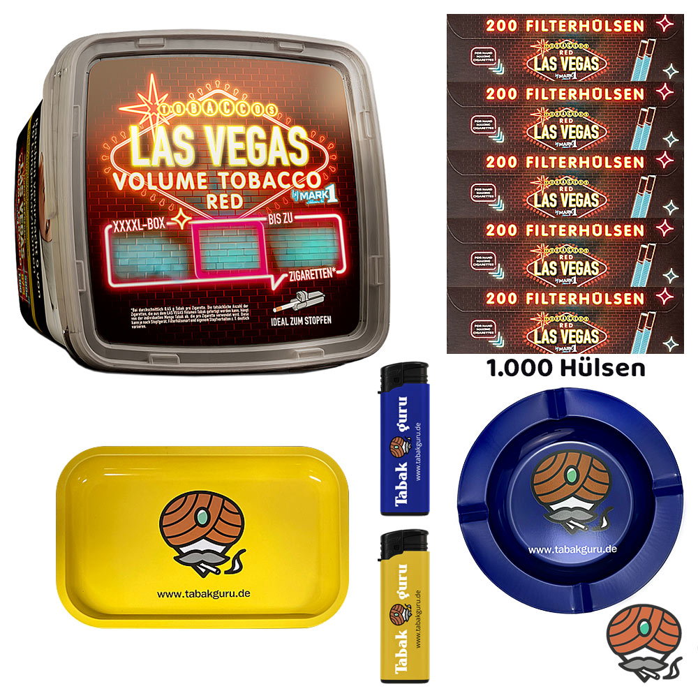 LAS VEGAS RED Volumentabak 500g XXXXL-Box, Hülsen, Metallascher, Tablett, Feuerzeuge