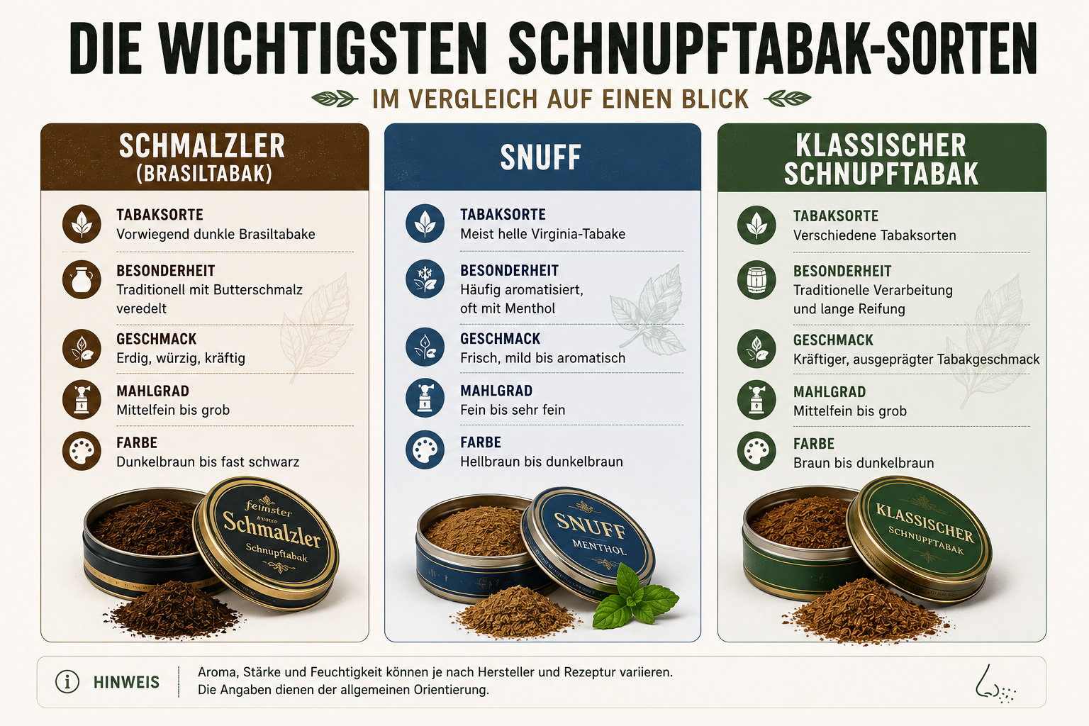 Die wichtigsten Schnupftabak-Sorten im Vergleich