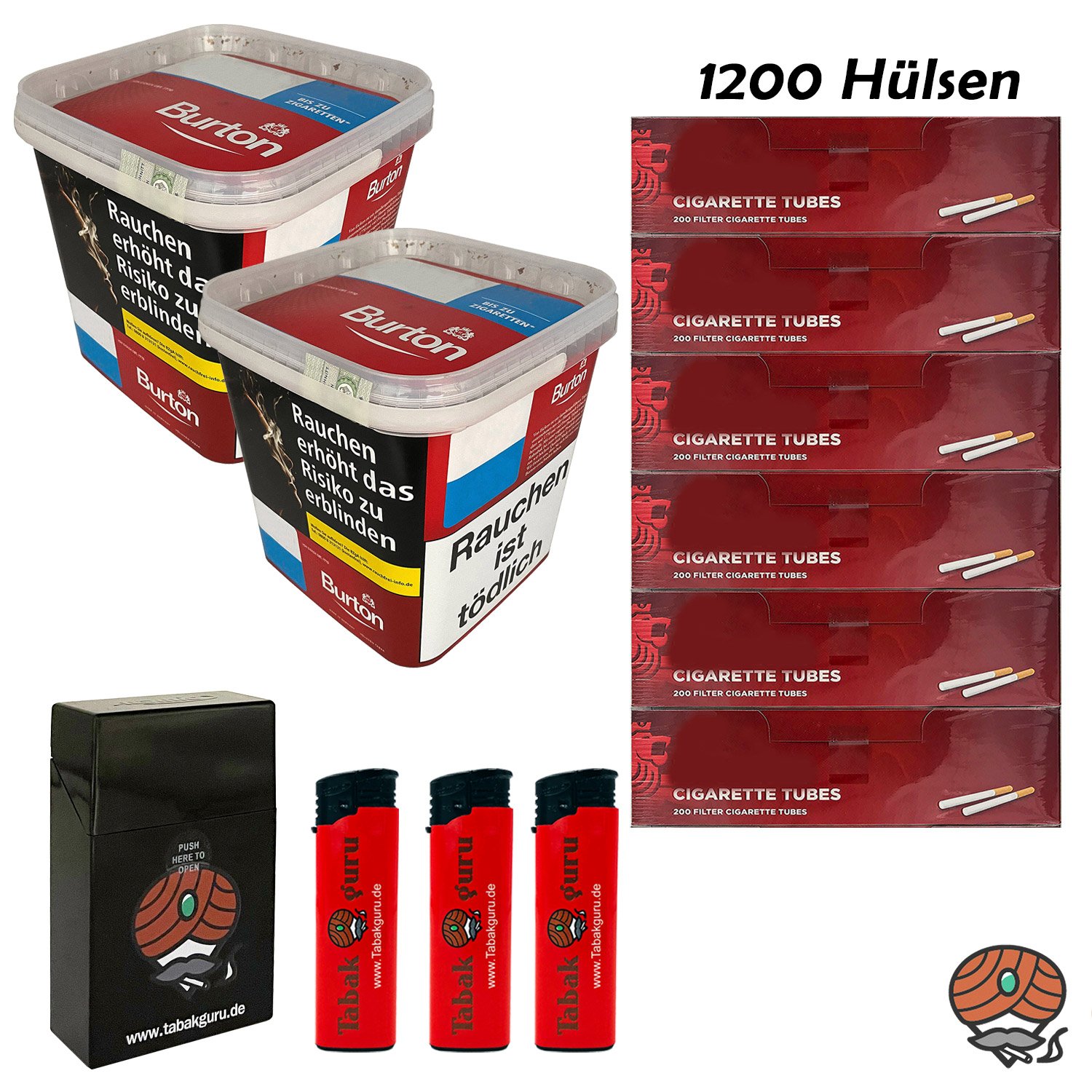 2x Burton Red Volumentabak MEGA Box à 250g, 1200 Hülsen, Feuerzeuge, Box