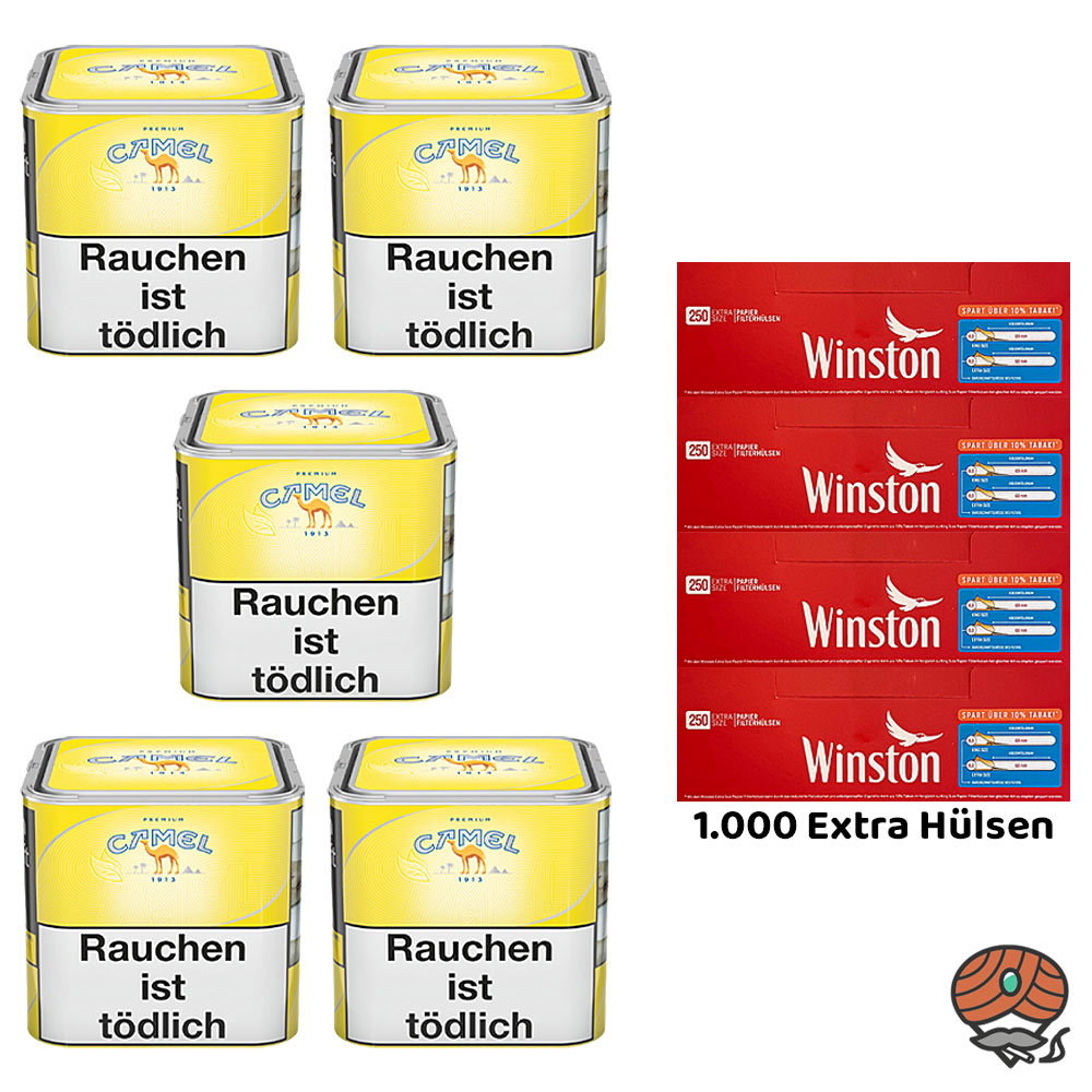 5x Camel Yellow Feinschnitttabak Dose à 58g + 1000 Winston Extra Hülsen