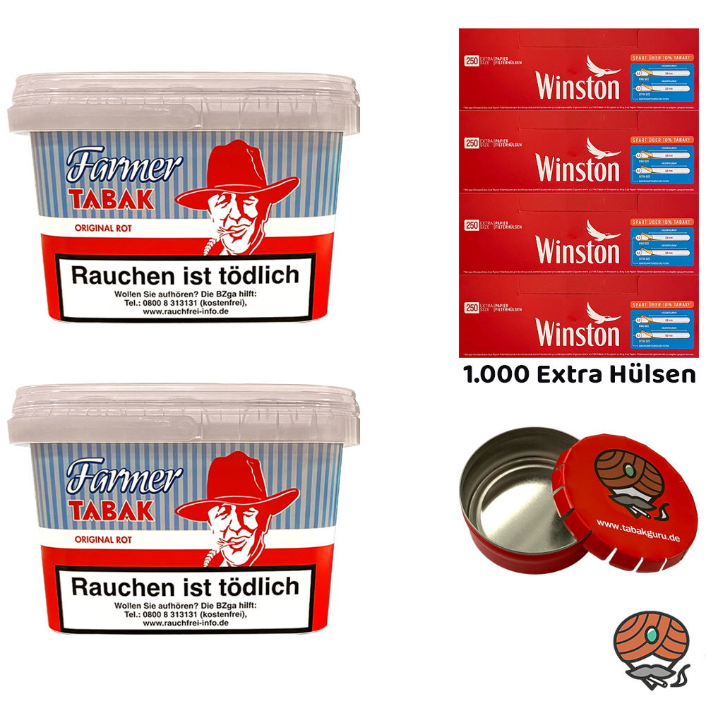 2x Farmer Original Rot Pfeifentabak Eimer à 240g, Winston Extra Hülsen, Ascher