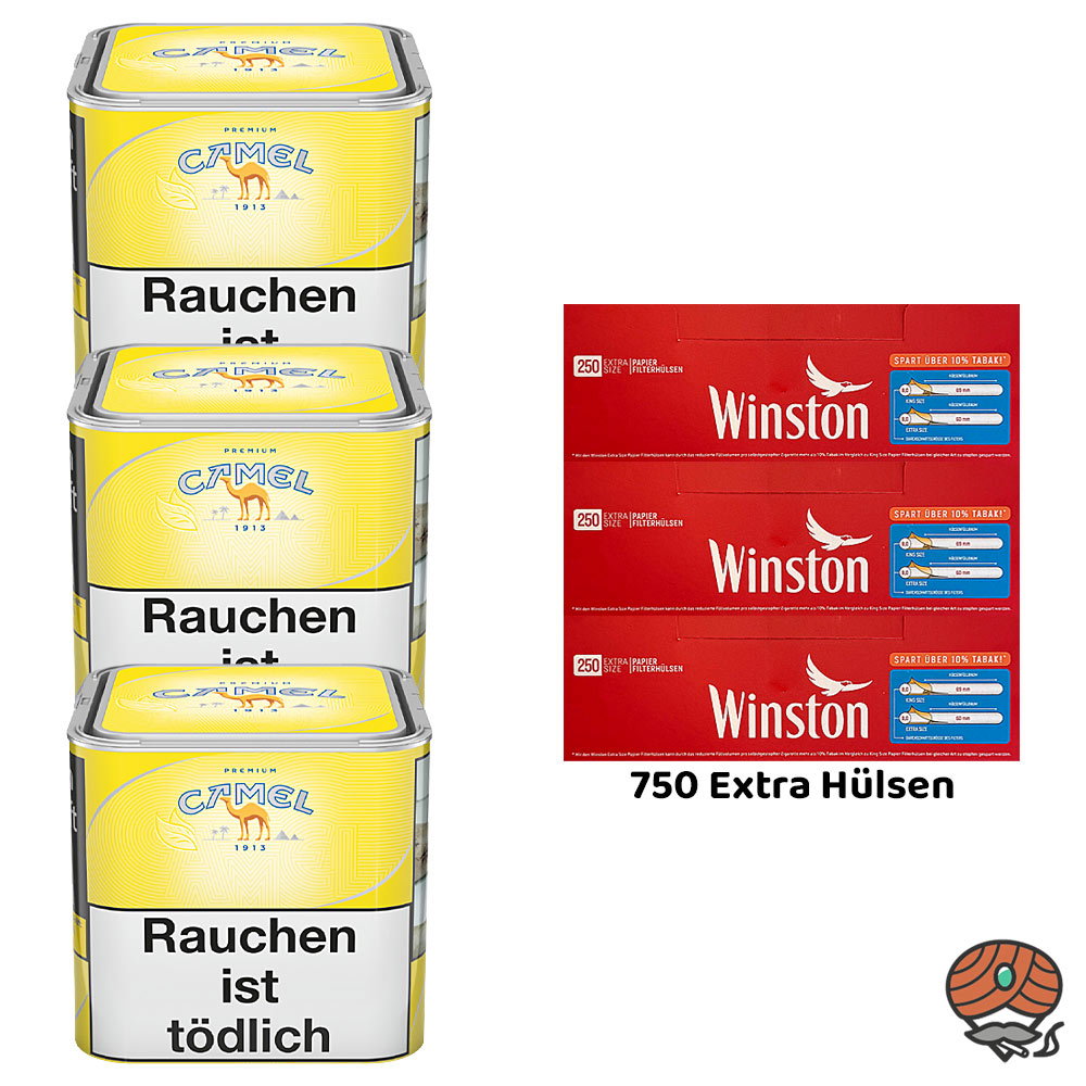 3x Camel Yellow Feinschnitttabak Dose à 58g + 750 Winston Extra Hülsen