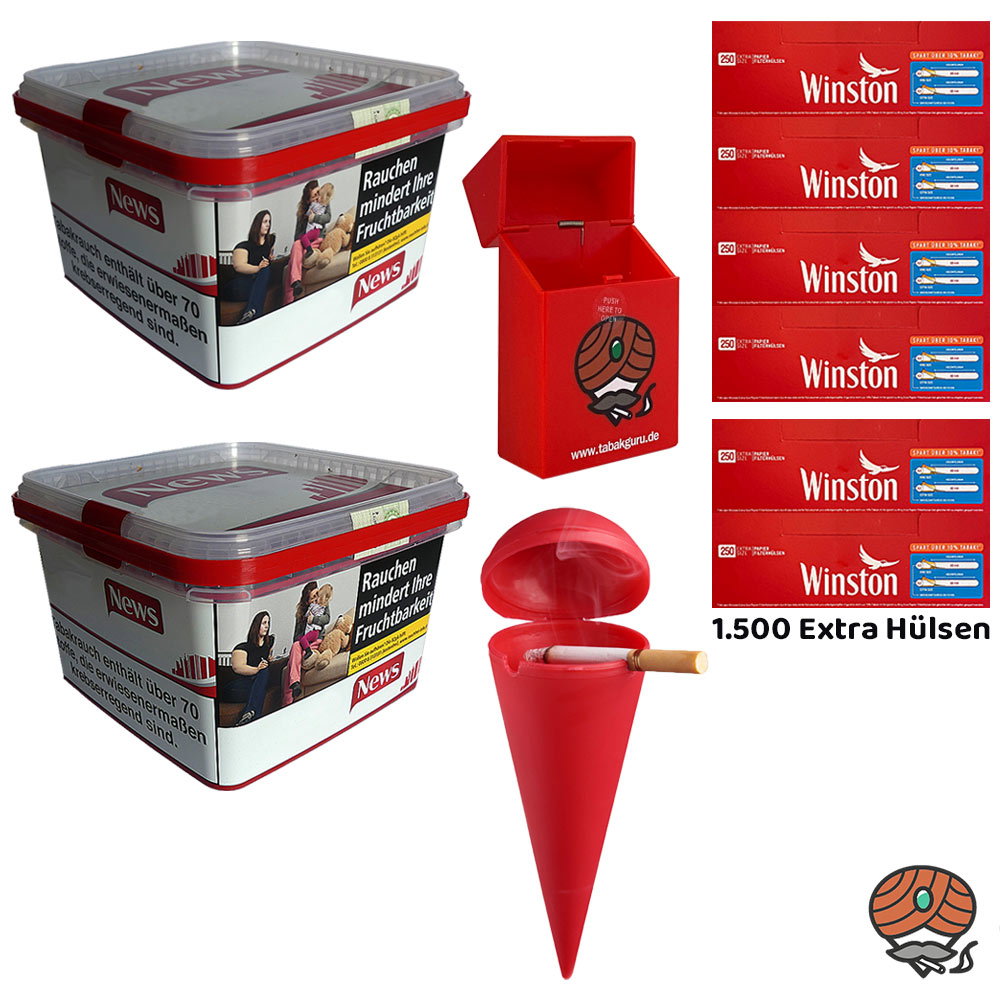 2x News Red / Rot Volumentabak / Stopftabak Eimer à 235g, Winston Extra Hülsen, Strandascher