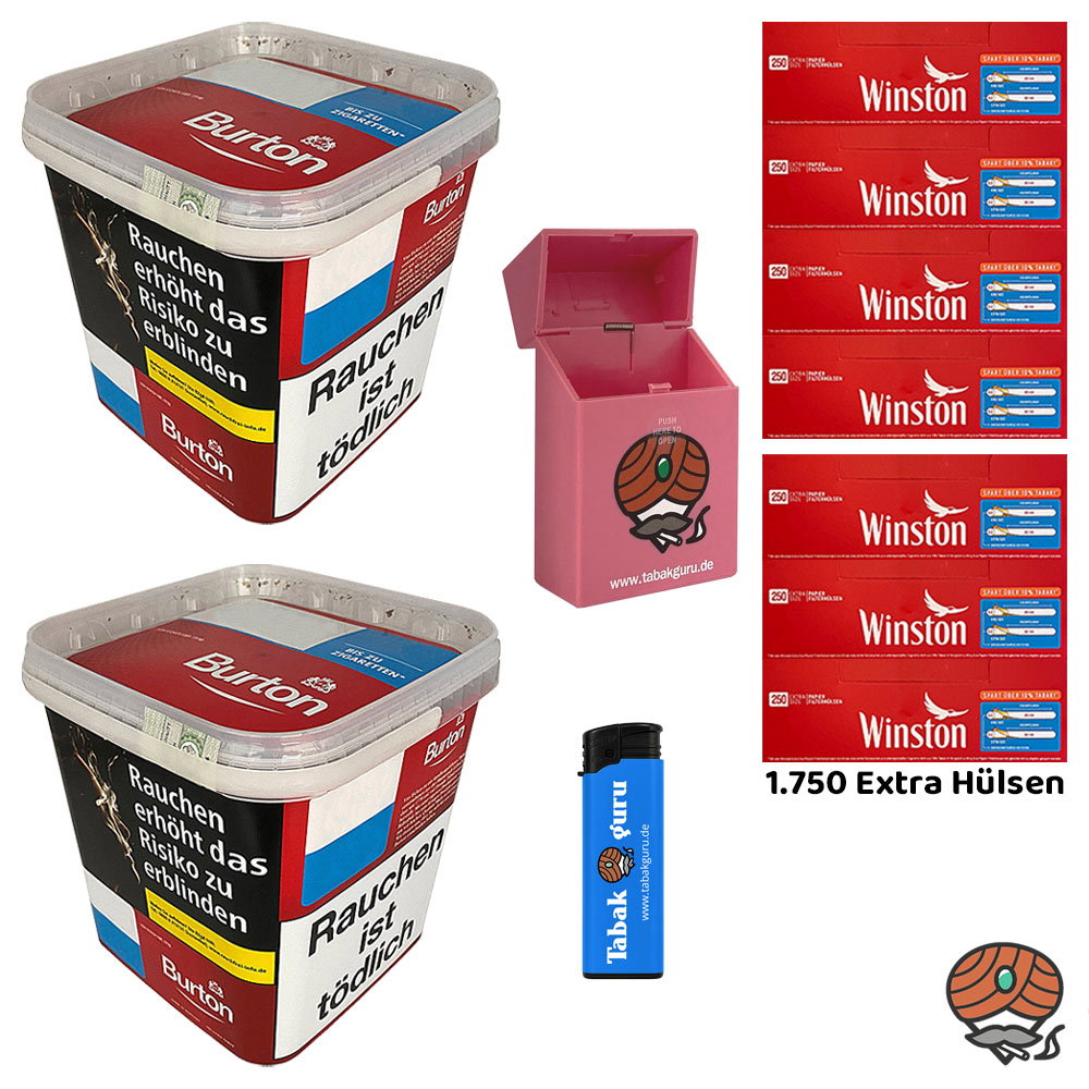 2x Burton Red Volumentabak / Zigarettentabak MEGA Box à 250g + 1750 Winston Extra Hülsen