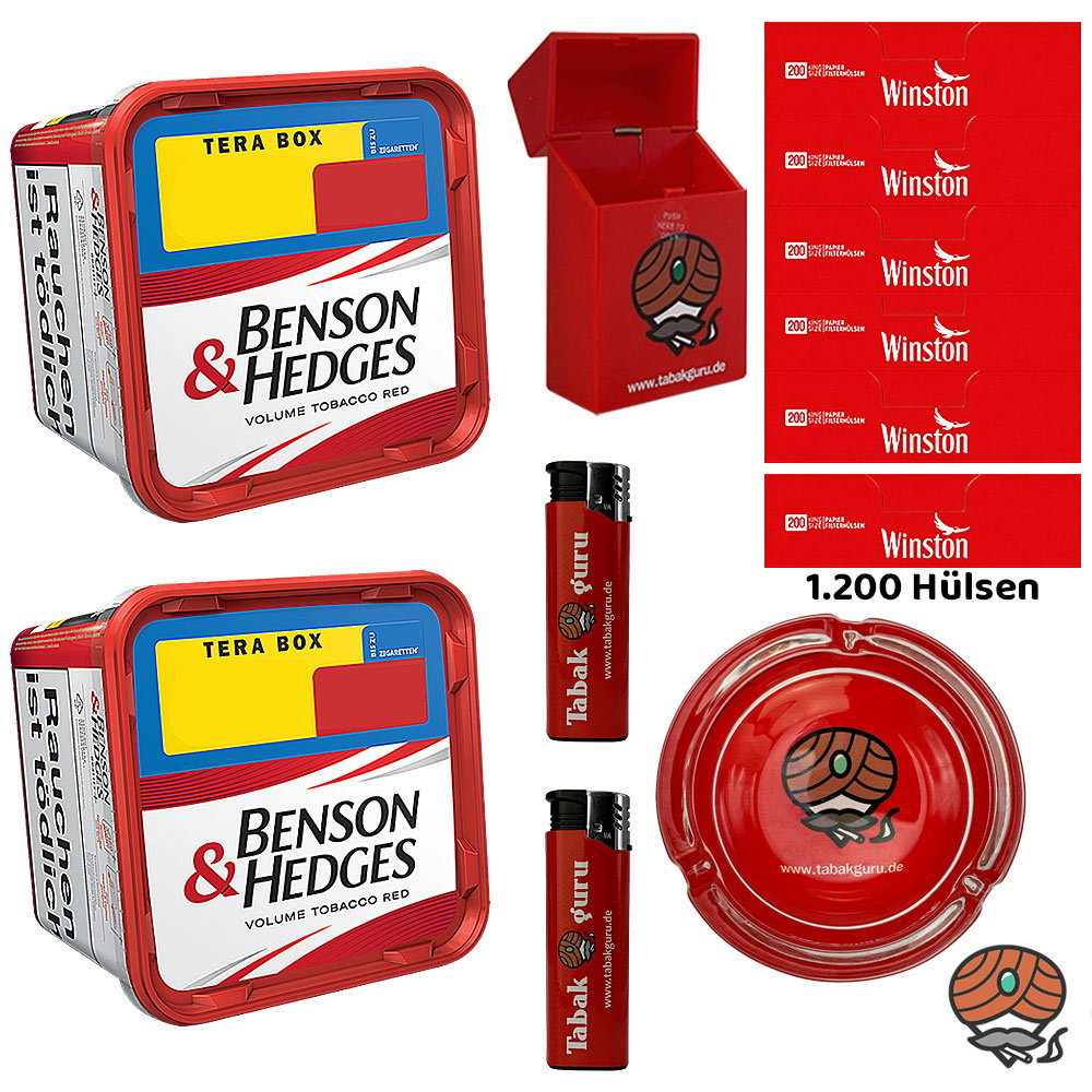 2x Benson & Hedges Red Volumentabak Tera Box à 315g, Winston Hülsen, Glasascher, Box, Feuerzeuge