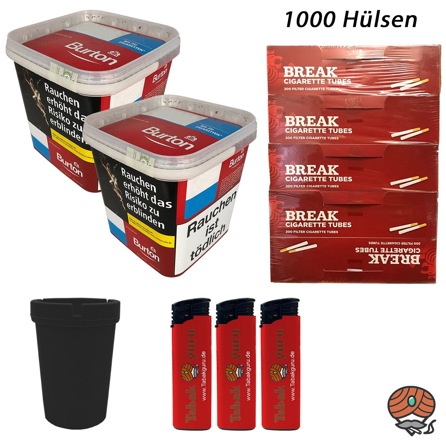 2x Burton Red Volumentabak MEGA Box à 250g, 1000 Hülsen + viel Zubehör