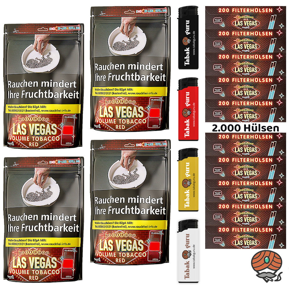 4x LAS VEGAS RED Volumentabak XXL-Beutel à 250g, Hülsen, Feuerzeuge