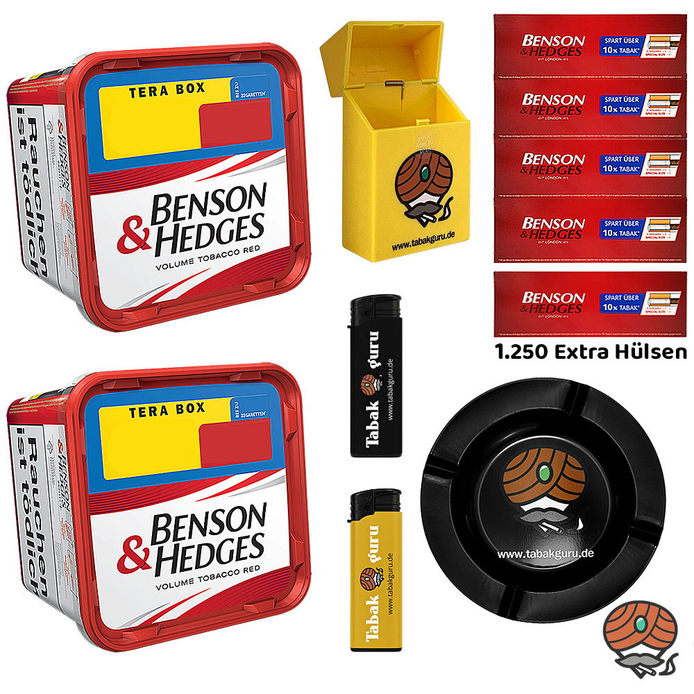 2x Benson & Hedges Red Volumentabak Tera Box à 315g, Extra Hülsen, Metallascher, Box, Feuerzeuge