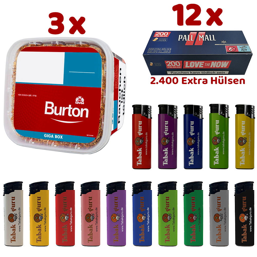 3x Burton Volumentabak GIGA Box à 400g, Pall Mall Red Xtra Hülsen, viel Zubehör