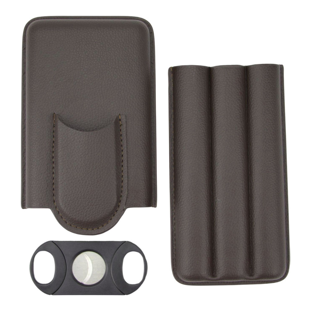 Hauser Zigarren-Schiebe-Etui Lederoptik, braun für 3 Zigarren mit Cutter