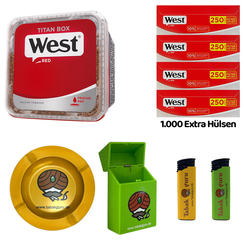 WEST Red/Rot Volumentabak Titan Box à 265g, 1000 Red Extra Hülsen, Metallascher, Zubehör