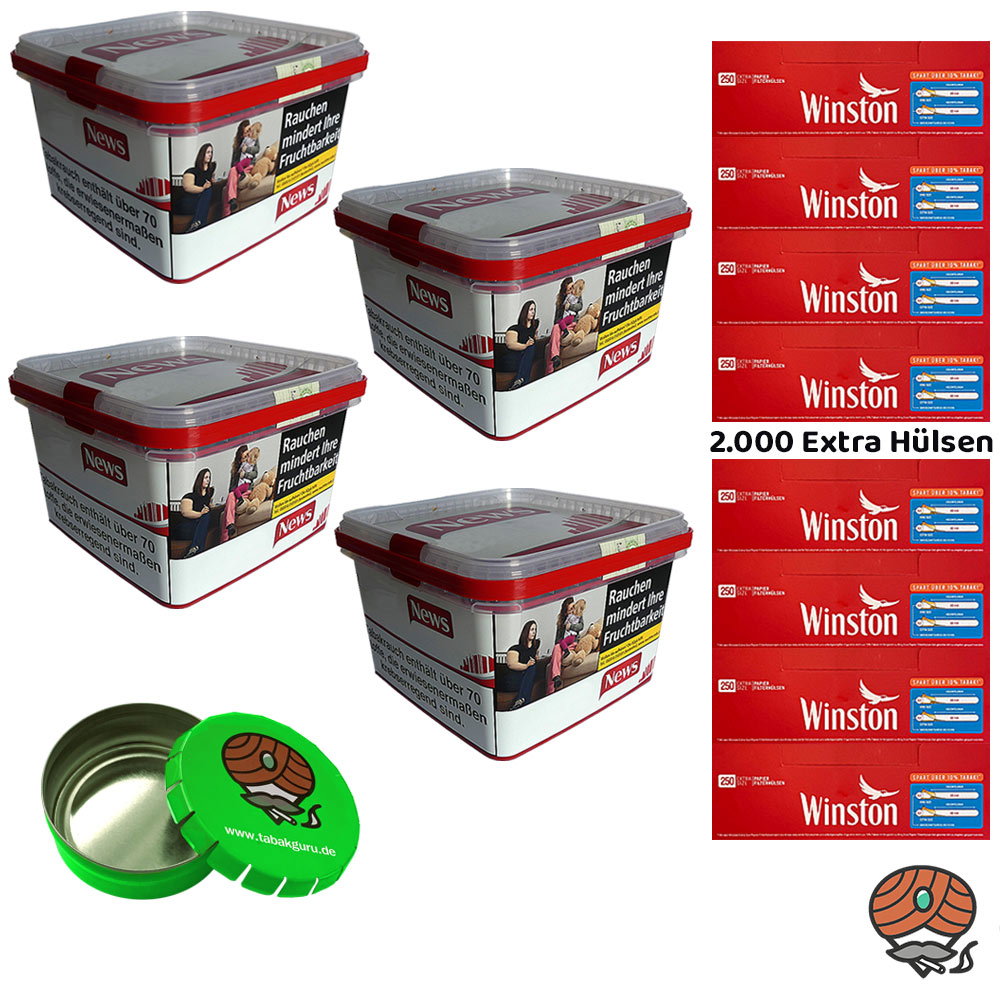 4x News Red / Rot Volumentabak / Stopftabak Eimer à 235g, Winston Extra Hülsen, Zubehör