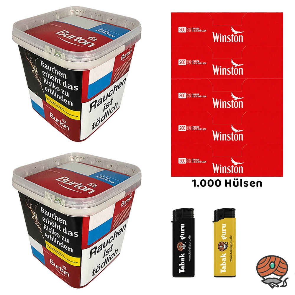 2x Burton Red Volumentabak / Zigarettentabak MEGA Box à 250g, Hülsen, Feuerzeuge