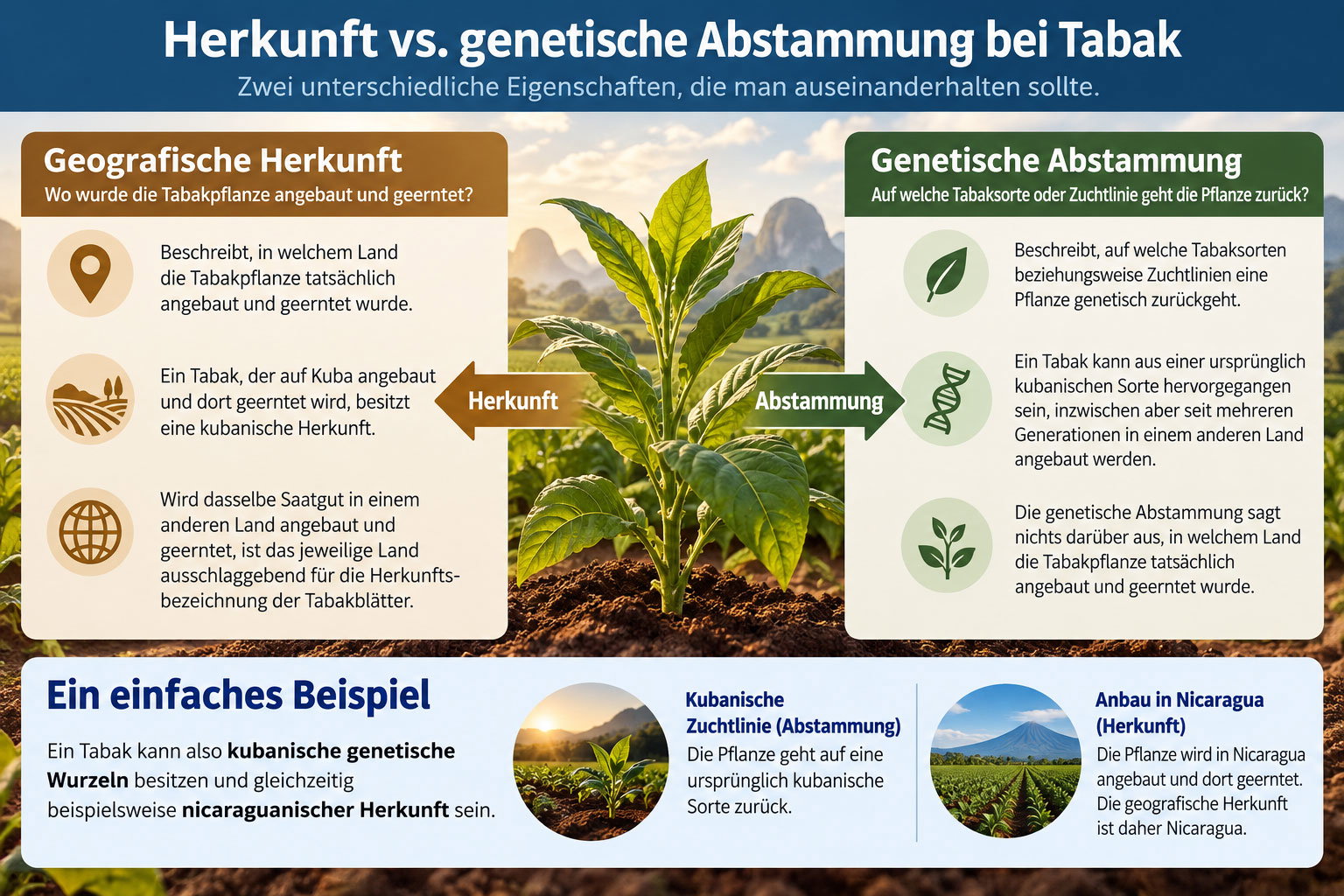 Infografik: Unterschied zwischen geografischer Herkunft und genetischer Abstammung bei Tabak