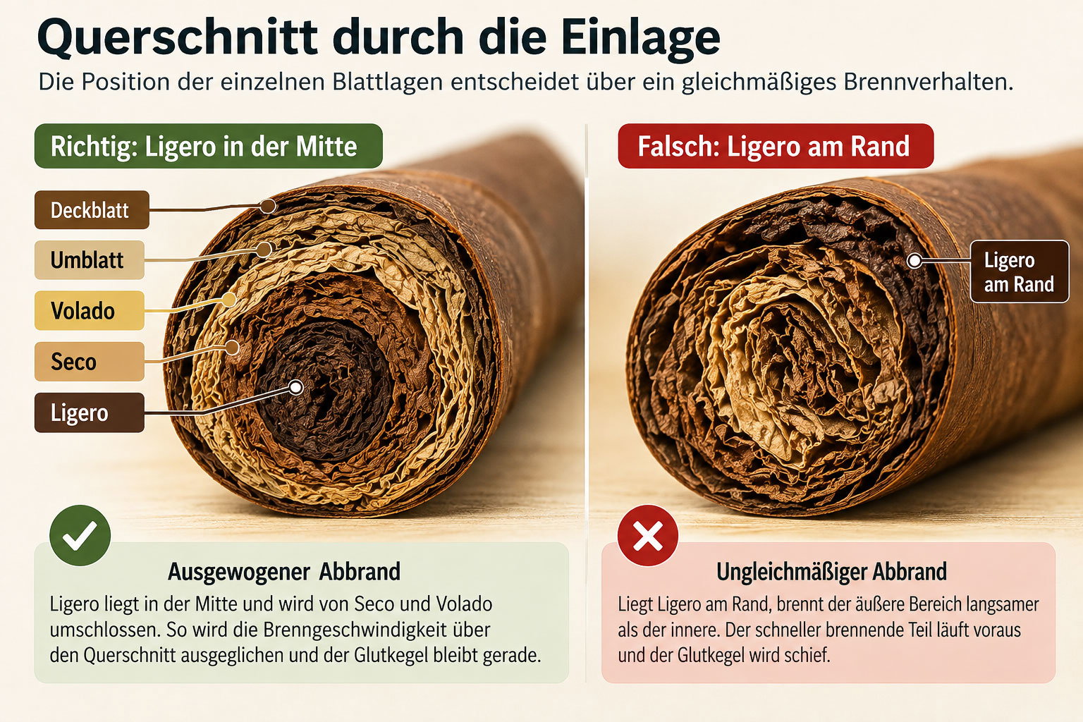 Infografik zum Querschnitt einer Zigarre: Ligero richtig in der Mitte und falsch am Rand der Einlage