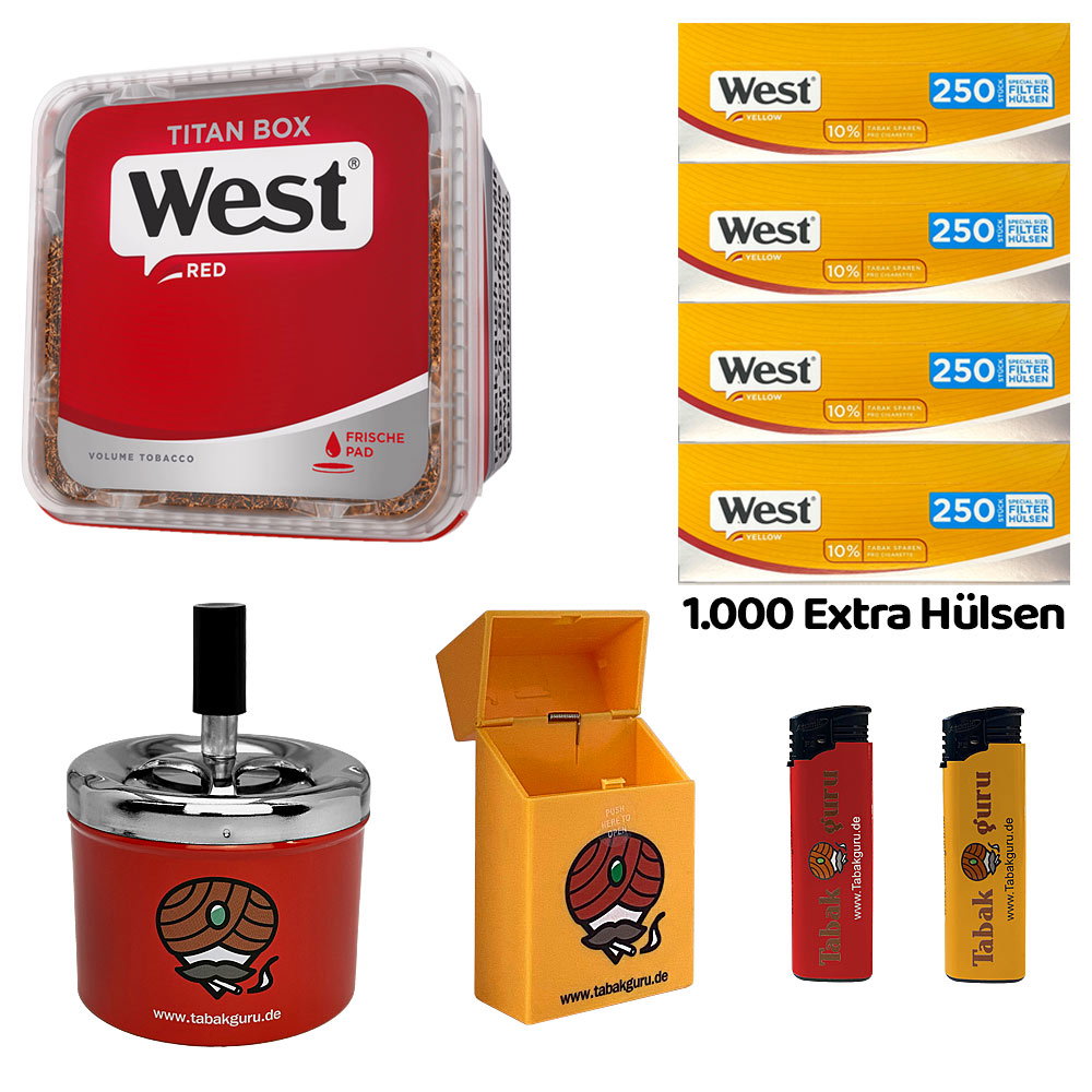WEST Red/Rot Volumentabak Titan Box à 265g, 1000 Yellow Extra Hülsen, Drehascher, Zubehör