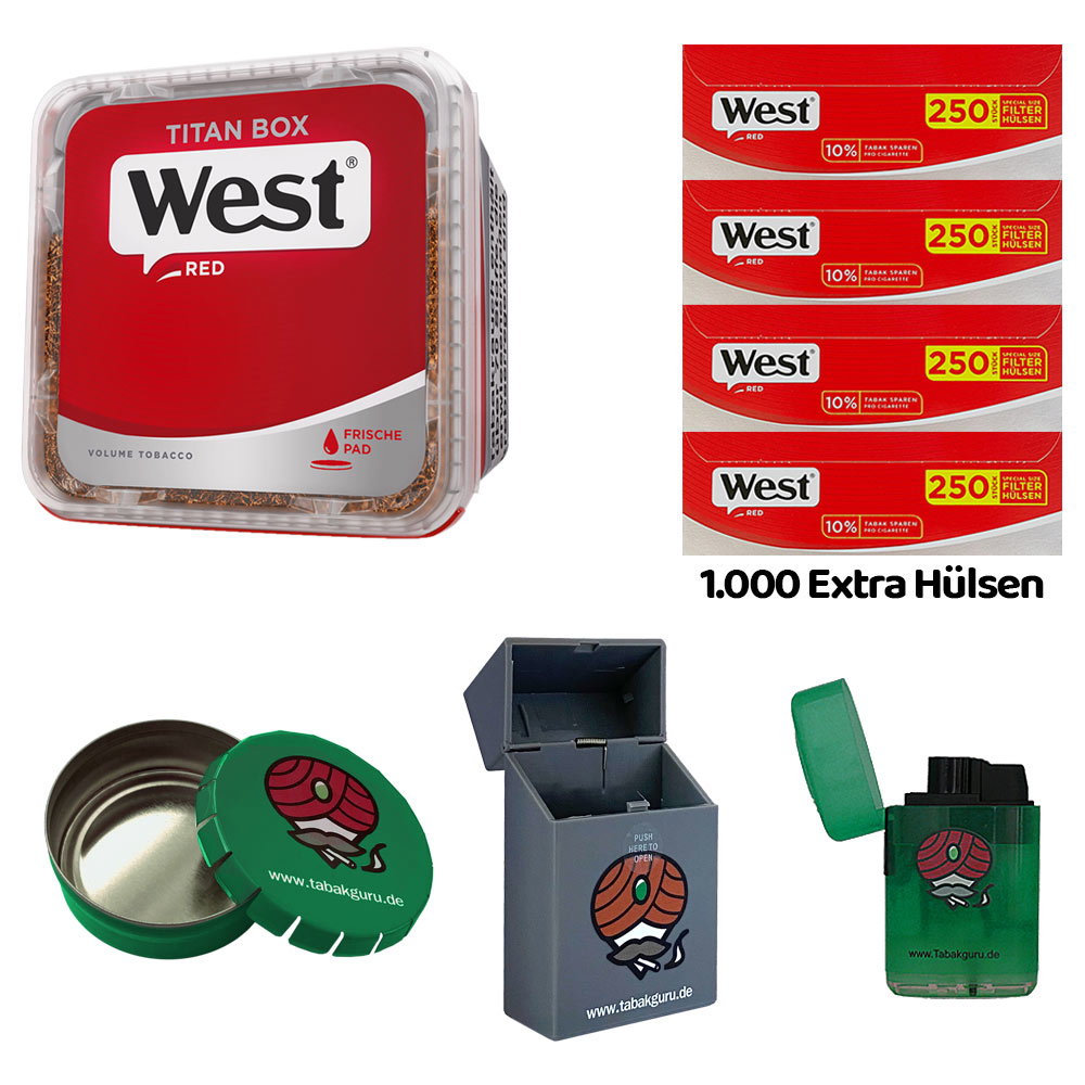 WEST Red/Rot Volumentabak Titan Box à 265g, 1000 Red Extra Hülsen, Ascher, Zubehör
