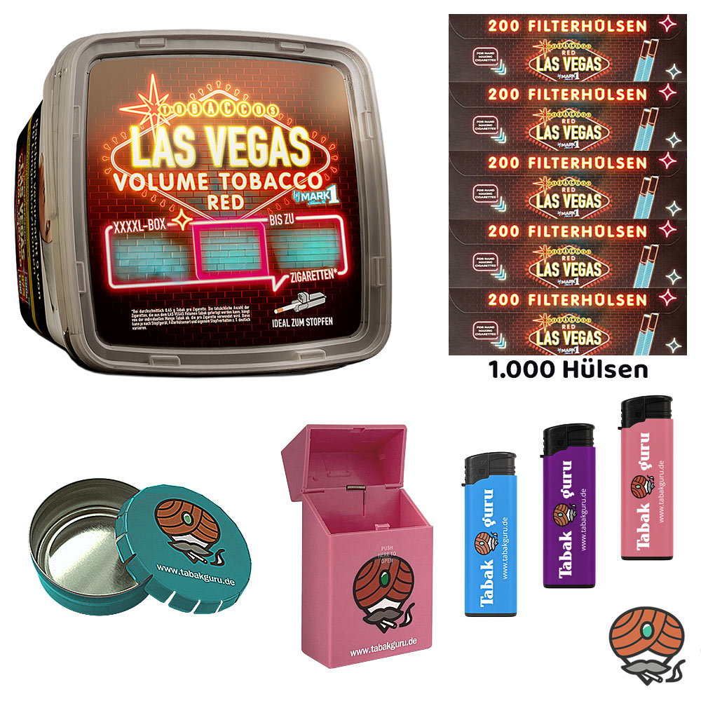 LAS VEGAS RED Volumentabak 500g XXXXL-Box, Hülsen, Feuerzeuge, Ascher, Box