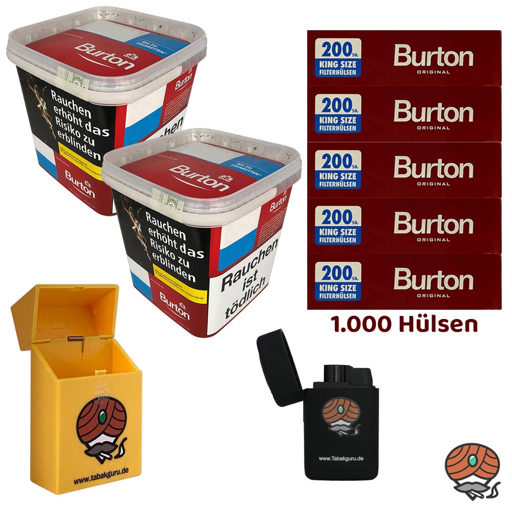 2x Burton Red Volumentabak MEGA Box à 250g, 1000 Hülsen, Sturmfeuerzeug, Box