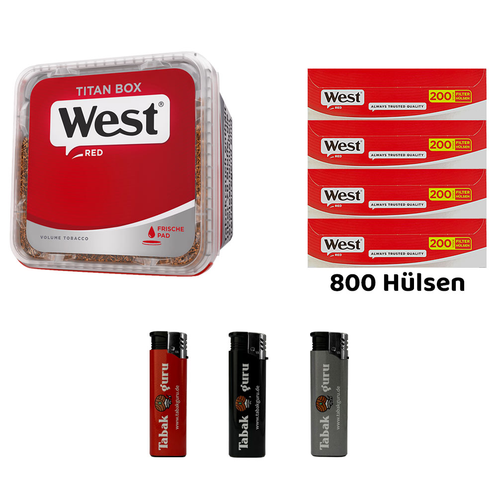WEST Red/Rot Volumentabak Titan Box à 265g, 800 Red Hülsen, Feuerzeuge