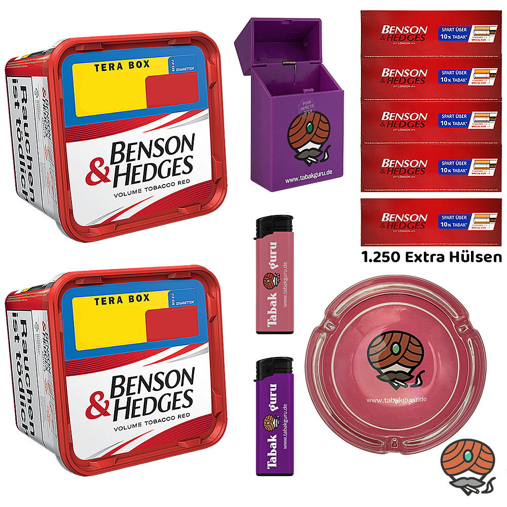 2x Benson & Hedges Red Volumentabak Tera Box à 315g, Extra Hülsen, Glasascher, Box, Feuerzeuge