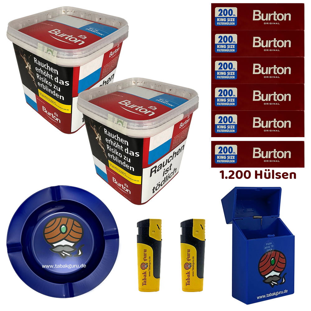 2x Burton Red Volumentabak / Zigarettentabak MEGA Box à 250g, Hülsen, Metallascher, Sturmfeuerzeuge, Box