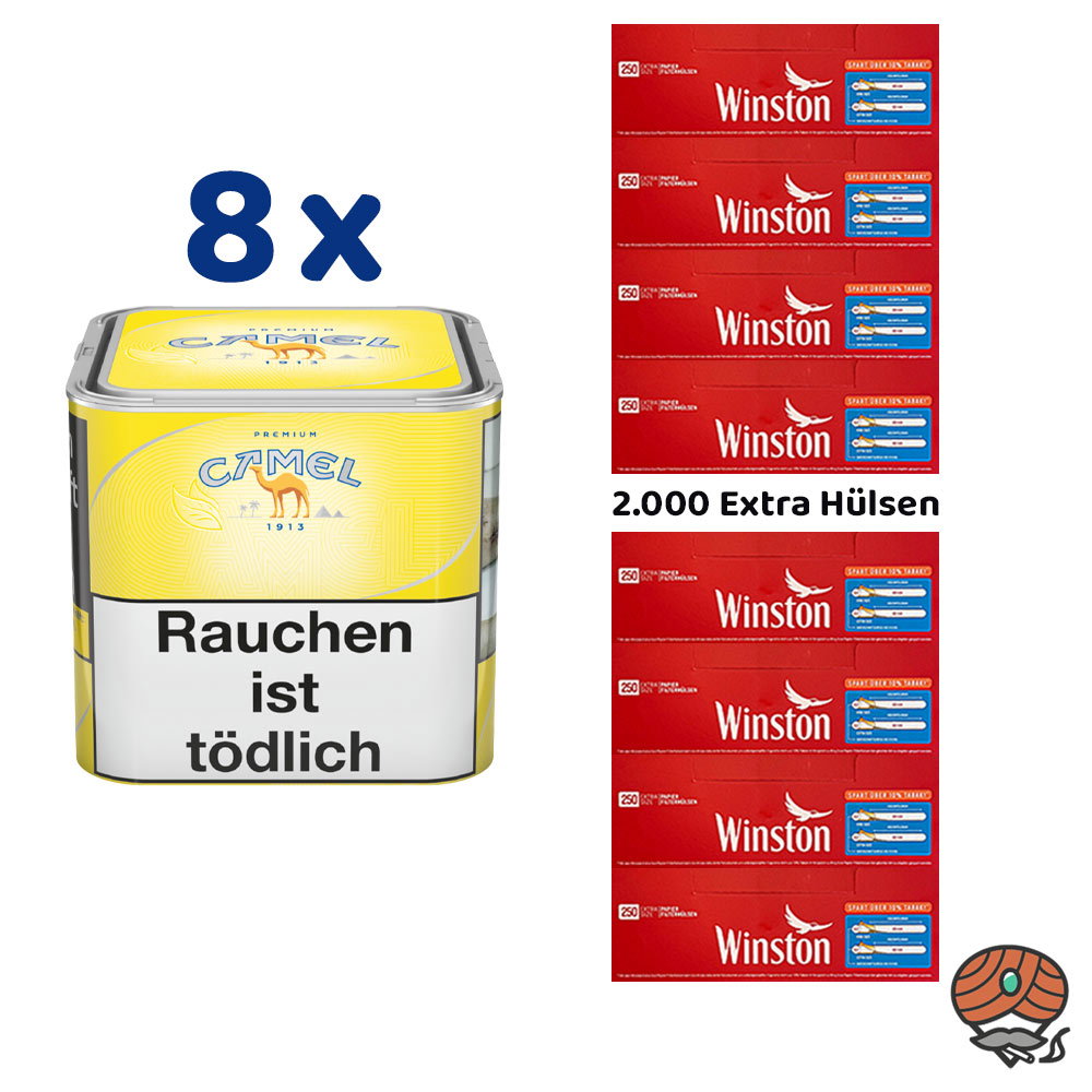 8x Camel Yellow Feinschnitttabak Dose à 58g + 2000 Winston Extra Hülsen