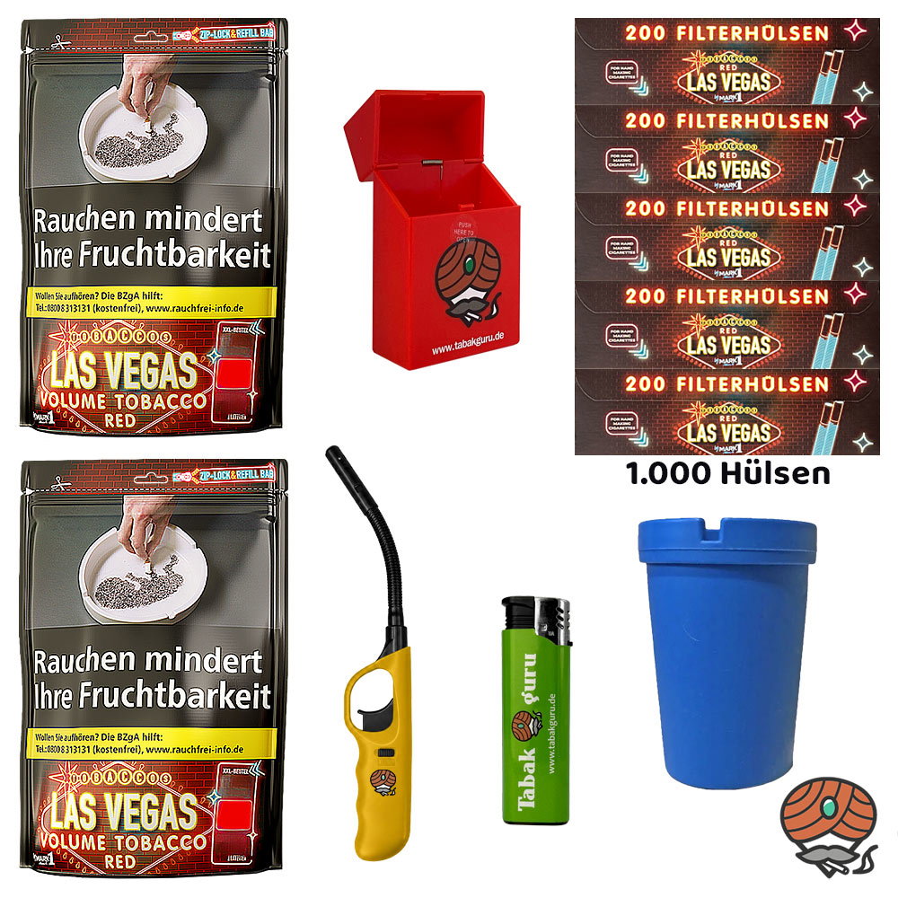 2x LAS VEGAS RED Volumentabak XXL-Beutel à 250g, Hülsen, Ascher, Feuerzeuge, Box