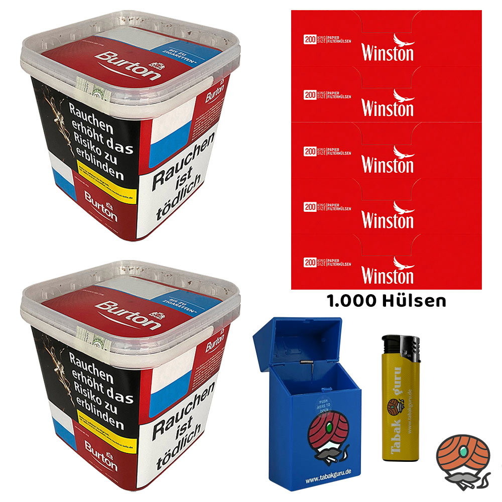 2x Burton Red Volumentabak MEGA Box à 250g, Hülsen, Sturmfeuerzeug, Box