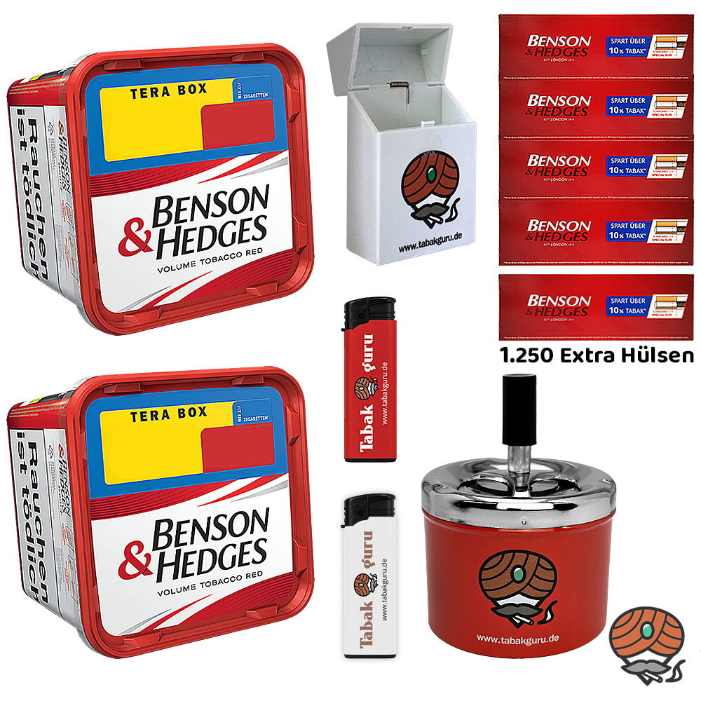 2x Benson & Hedges Red Volumentabak Tera Box à 315g, Extra Hülsen, Drehascher, Box, Feuerzeuge