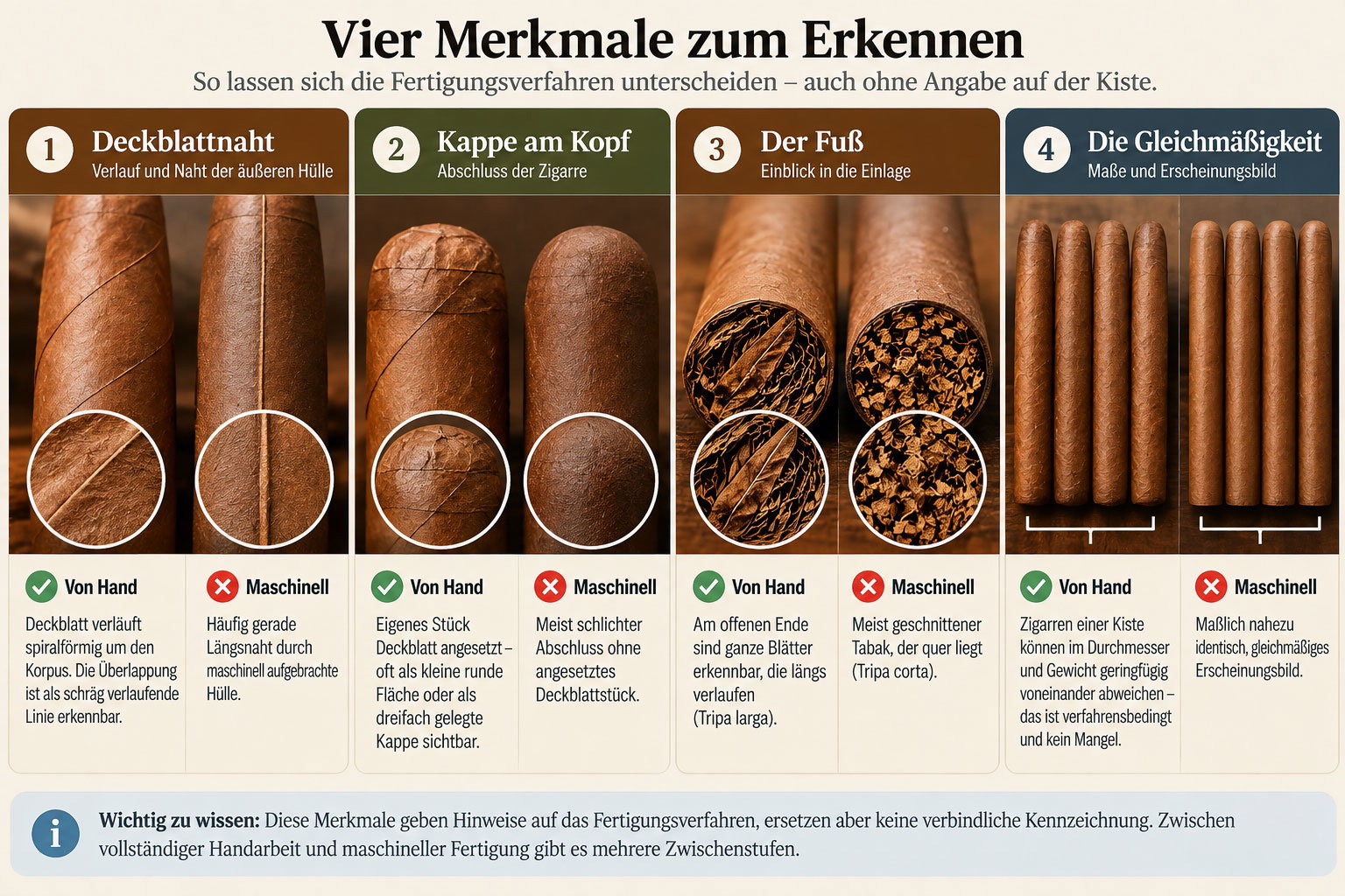 Infografik: Vier Merkmale zum Erkennen handgemachter Zigarren – Deckblattnaht, Kappe, Fuß und Maßgleichheit
