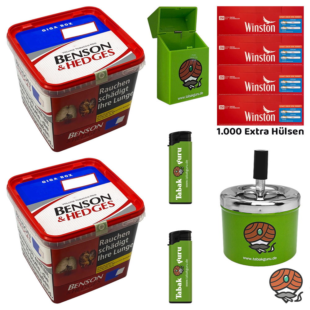 2x Benson & Hedges Red Volumentabak Giga Box à 255g, 1000 Winston Extra Hülsen, Drehascher, Feuerzeuge, Box