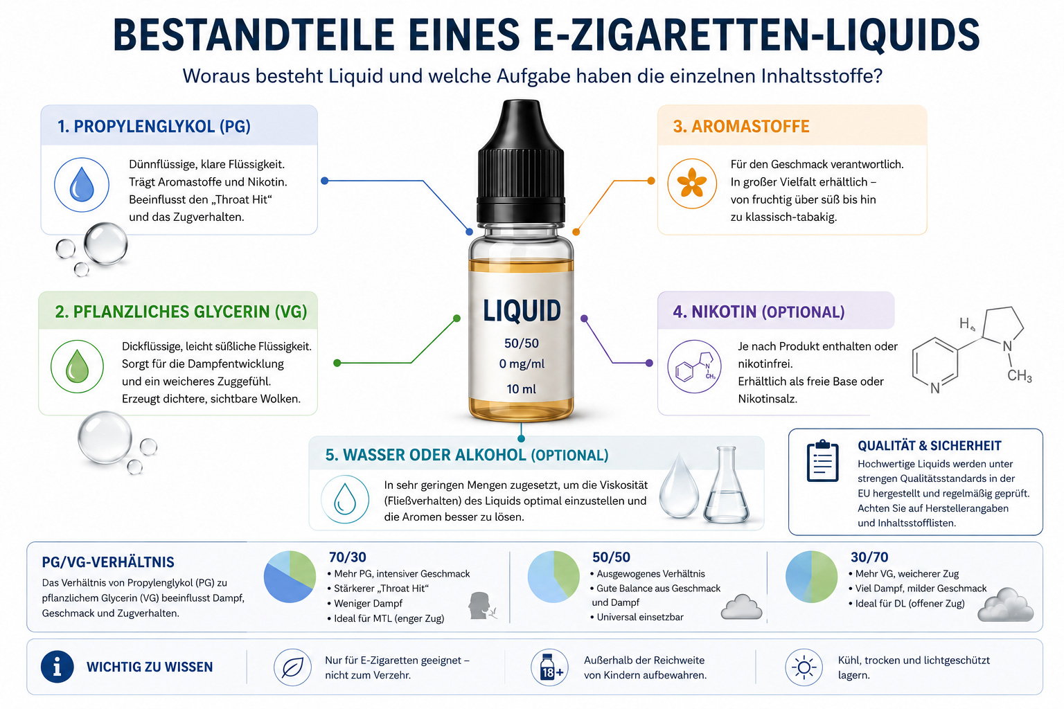 Bestandteile eines E-Zigaretten-Liquids mit Propylenglykol (PG), pflanzlichem Glycerin (VG), Aromastoffen, optionalem Nikotin sowie Wasser oder Alkohol