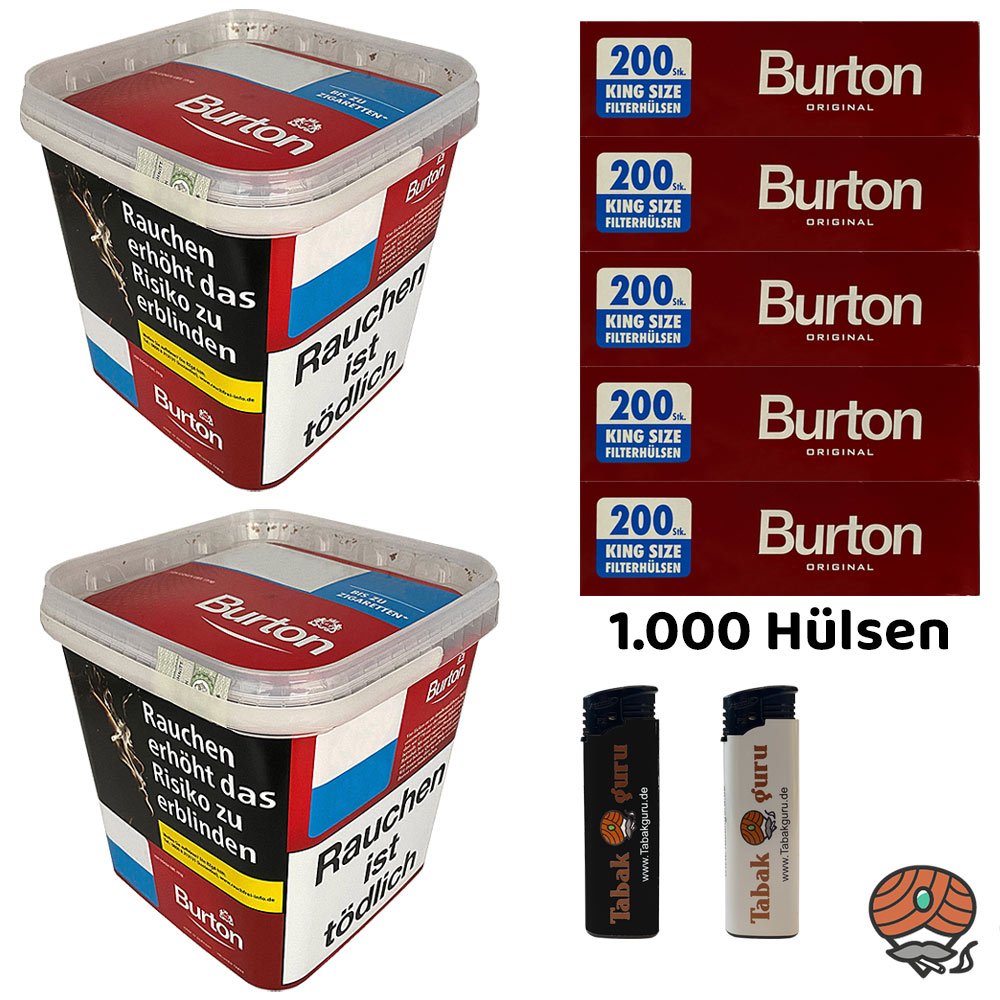 2x Burton Red Volumentabak / Zigarettentabak MEGA Box à 250g, Hülsen, Feuerzeuge
