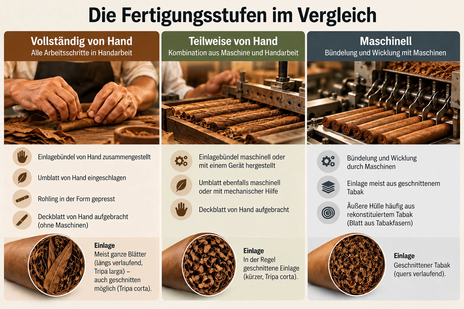 Infografik: Zigarrenfertigung im Vergleich – vollständig von Hand, teilweise von Hand und maschinell