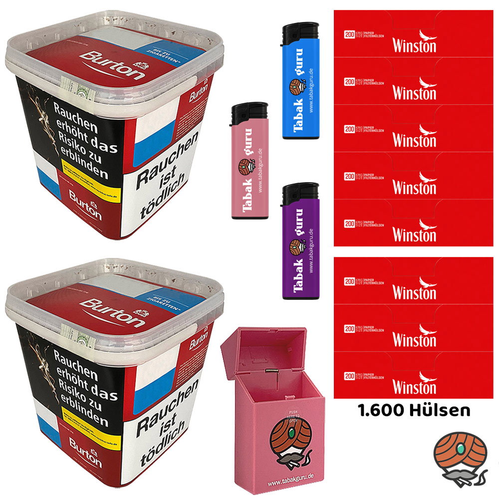 2x Burton Red Volumentabak MEGA Box à 250g, 1600 Winston Hülsen, Feuerzeuge, Box
