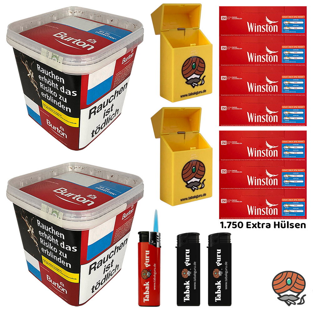 2x Burton Red / Rot Volumentabak MEGA Box à 250g, 1750 Winston Extra Hülsen + Zubehör