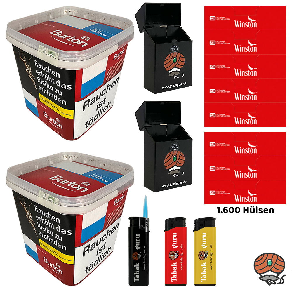2x Burton Red/Rot Volumentabak MEGA Box à 250g, 1600 Winston Hülsen, Zubehör
