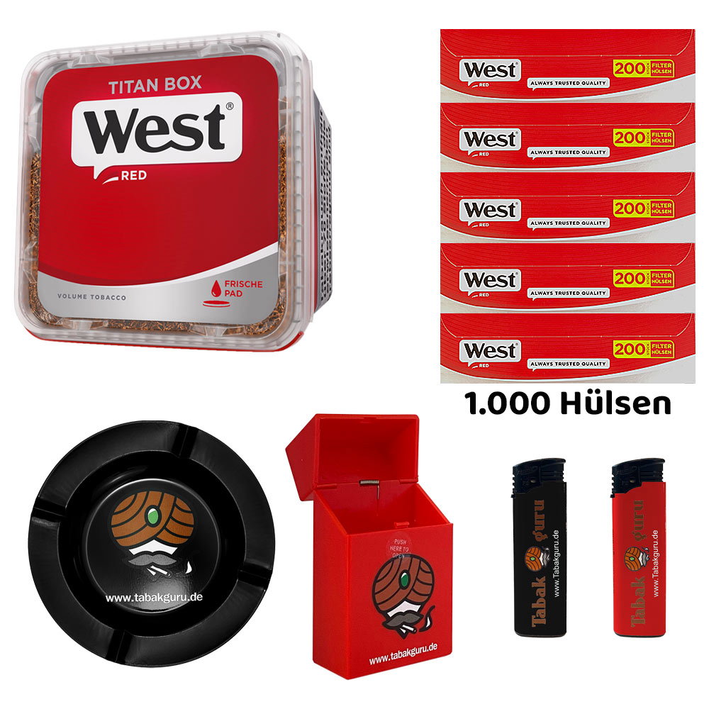 WEST Red/Rot Volumentabak Titan Box à 265g, 1000 Red Hülsen, Metallascher, Zubehör