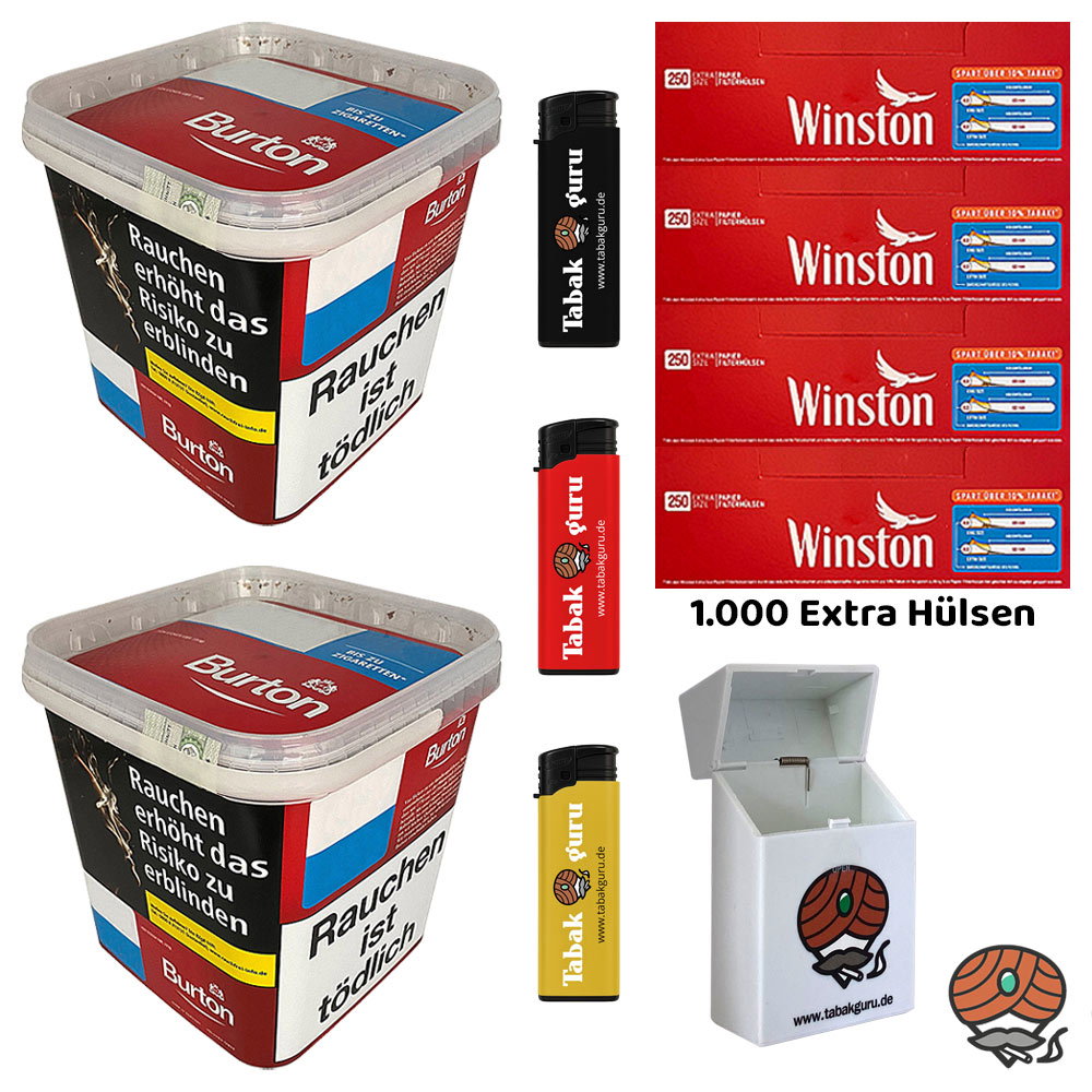 2x Burton Red Volumentabak / Zigarettentabak MEGA Box à 250g + Winston Extra Hülsen