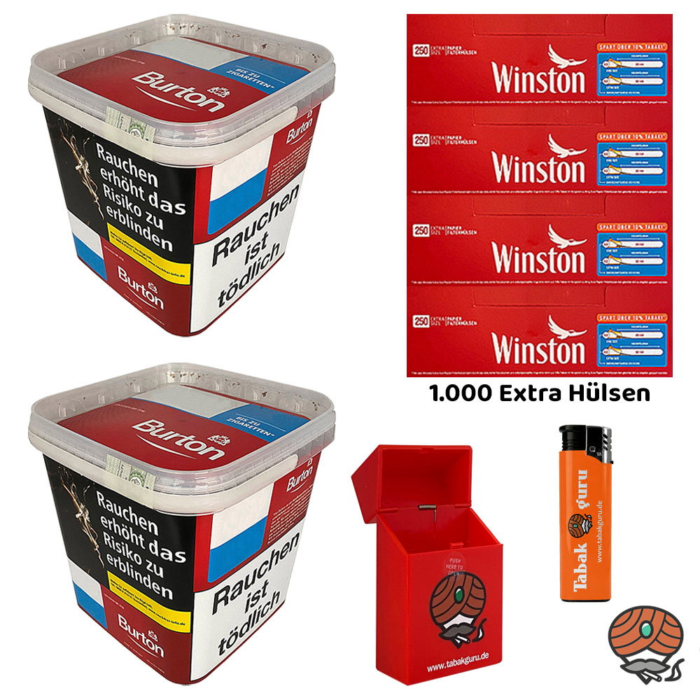 2x Burton Red Volumentabak / Zigarettentabak MEGA Box à 250g + 1000 Winston Extra Hülsen
