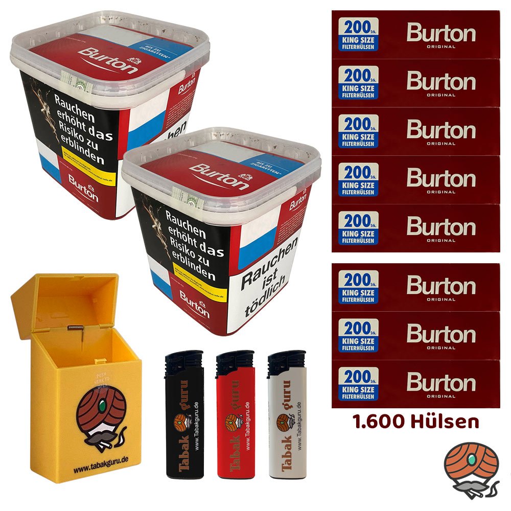 2x Burton Red Volumentabak MEGA Box à 250g, 1600 Hülsen, Feuerzeuge, Box