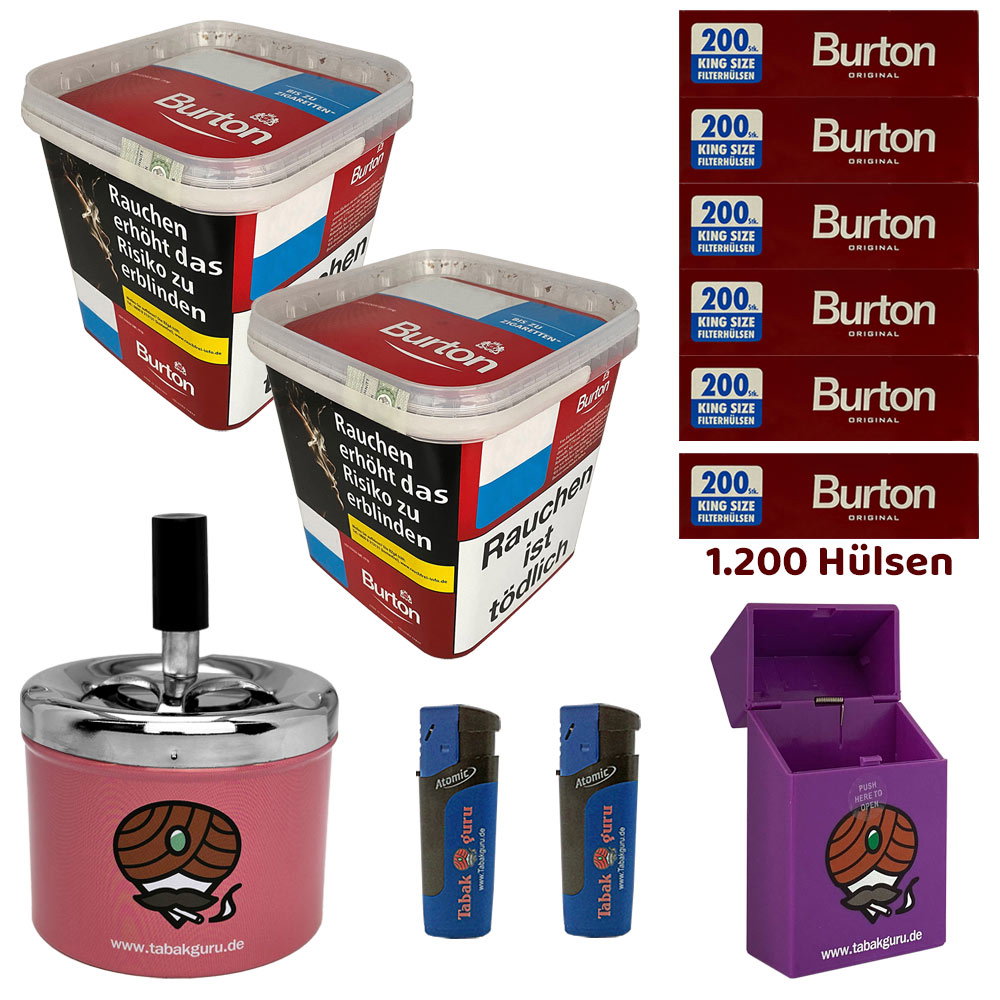 2x Burton Red Volumentabak / Zigarettentabak MEGA Box à 250g, Hülsen, Drehascher, Sturmfeuerzeuge, Box