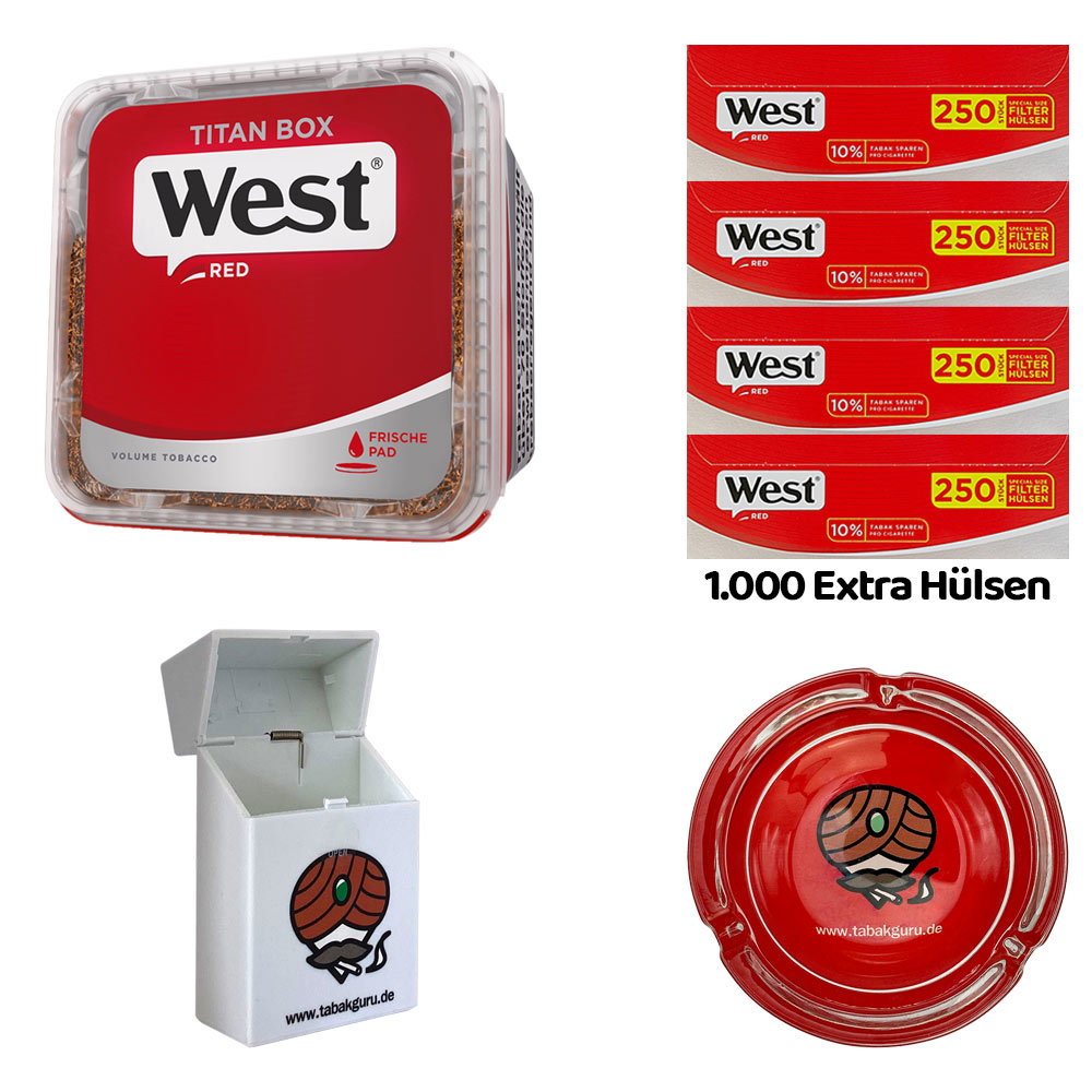 WEST Red/Rot Volumentabak Titan Box à 265g, 1000 Red Extra Hülsen, Glasascher, Box