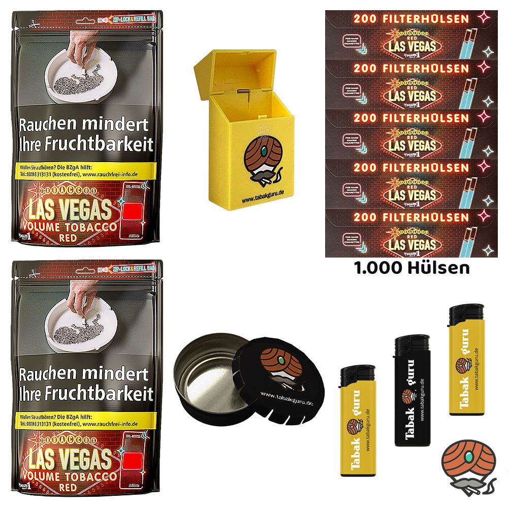 2x LAS VEGAS RED Volumentabak XXL-Beutel à 250g, Hülsen, Feuerzeuge, Ascher, Box