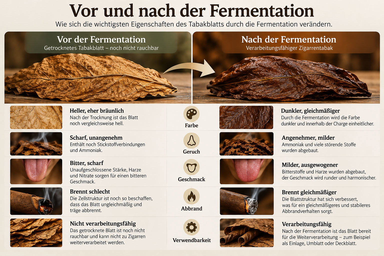 Infografik: Tabak vor und nach der Fermentation – Unterschiede bei Farbe, Geruch, Geschmack, Abbrand und Verwendbarkeit